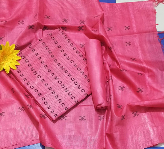 Handcrafted Katan Silk Pink Suit Piece with Bottom and Dupatta-Indiehaat