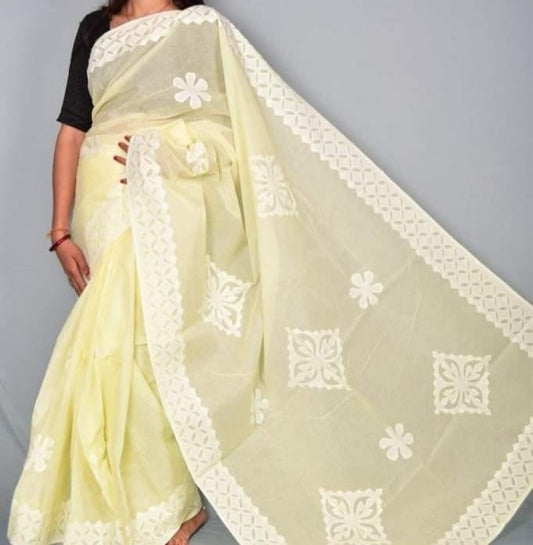 Organdy Cotton Saree Applique work Light Yellow Colour with running blouse-Indiehaat