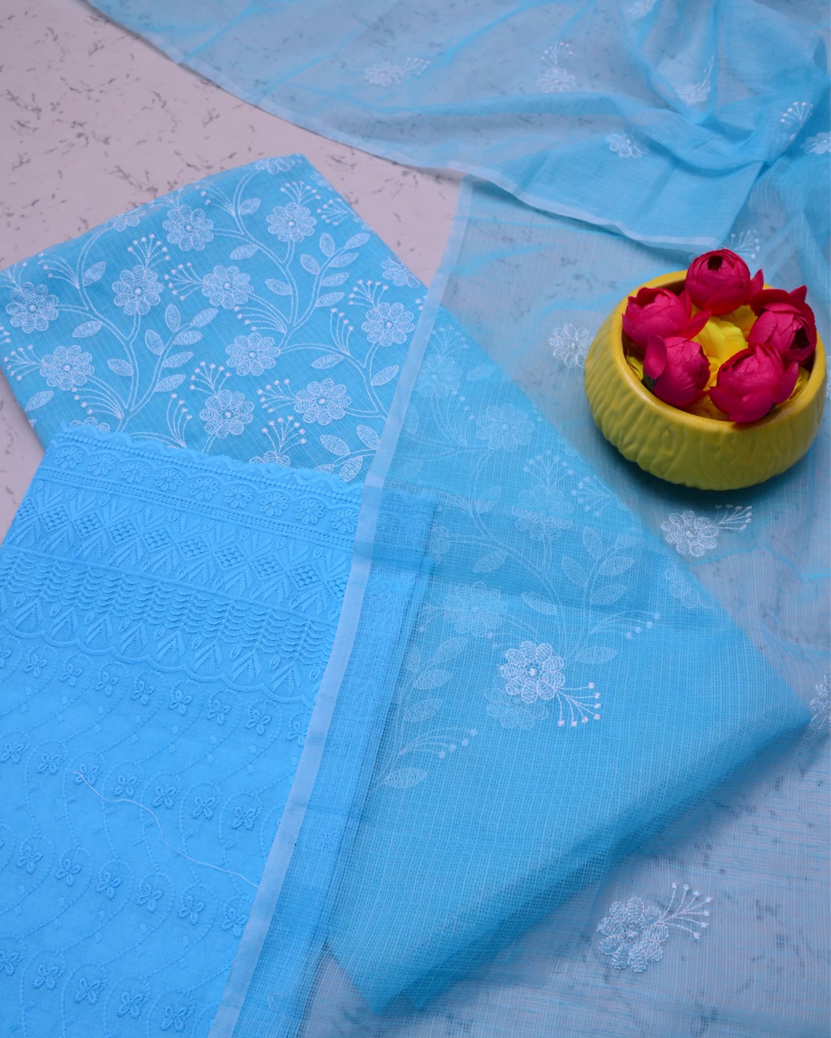 Kota Doria Suits Cornflower Blue Color Embroidery Work (Top+Bottom+Dupatta) - IndieHaat