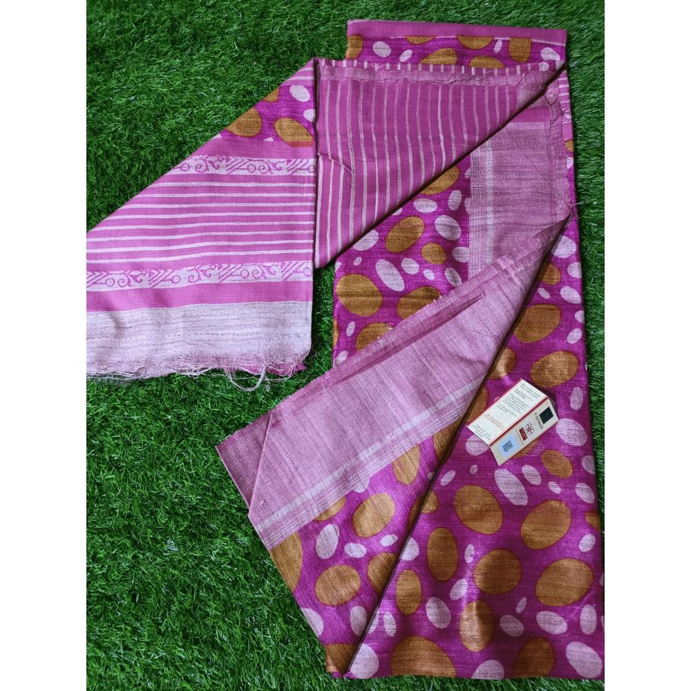Silkmark Certified Tussar Silk Handloom Block Print Pink Saree with Blouse-Indiehaat