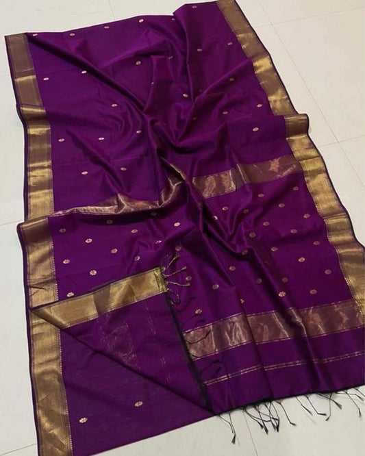 Maheshwari Handloom Handwoven Saree Dark Burgundy Color Double Design Zari Border with flower buti pallu and contrast blouse - IndieHaat