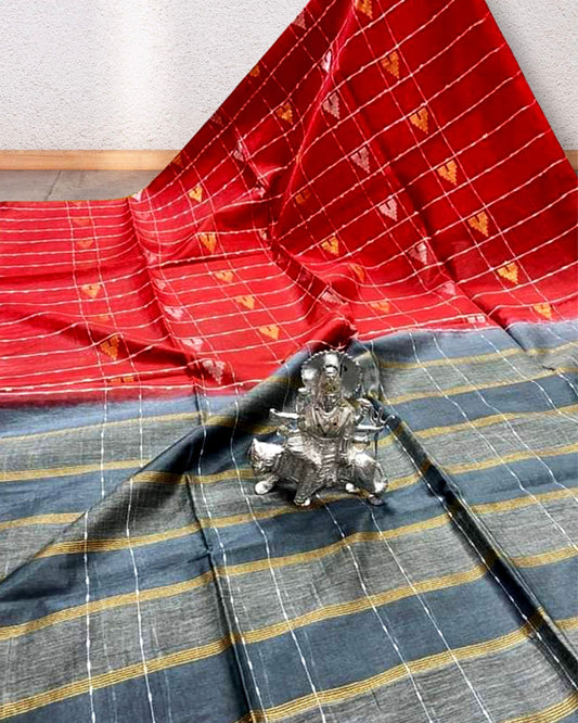 Katan Dupion Silk Saree Red Color Weaving Design Contrast Pallu with running blouse - IndieHaat