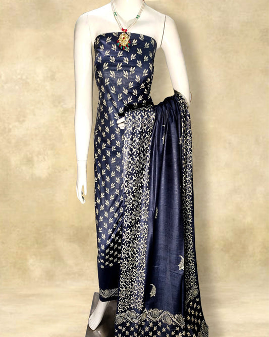 Katan Silk Suits Blue Color Handblock Printed - IndieHaat 