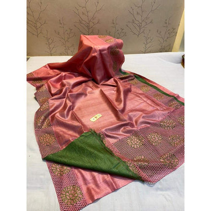 Silkmark Certified Pure Tussar Hand Cutwork Congo Pink Colour Saree (Tussar by Tussar Fabric)-Indiehaat