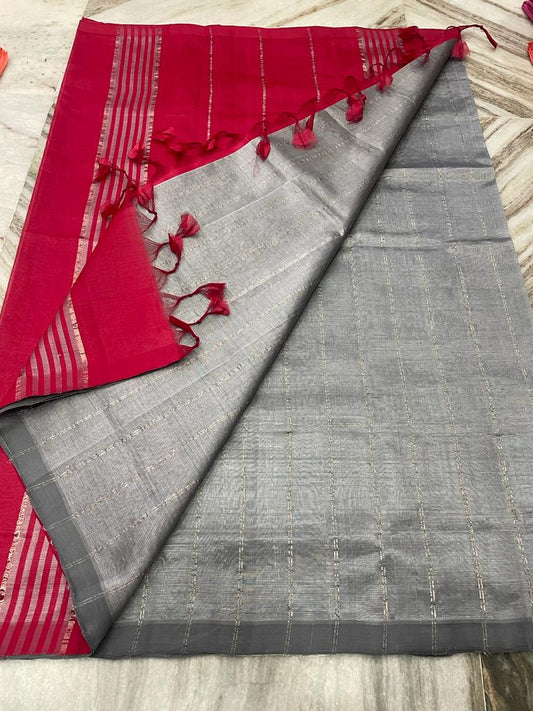 Mangalagiri Plain Pattu Saree Grey Color with Zari Line Weaving, Contrast Pallu and Blouse