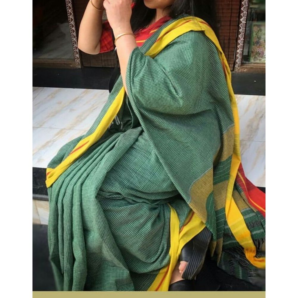 Patteda Anchu Handloom Mark Certified Pure Cotton Green Saree with Running Blouse-Indiehaat