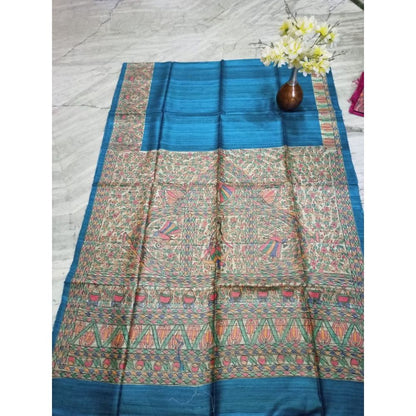 Silkmark Certified Tussar Silk Madhubani HANDPAINTED Blue Saree with Blouse-Indiehaat