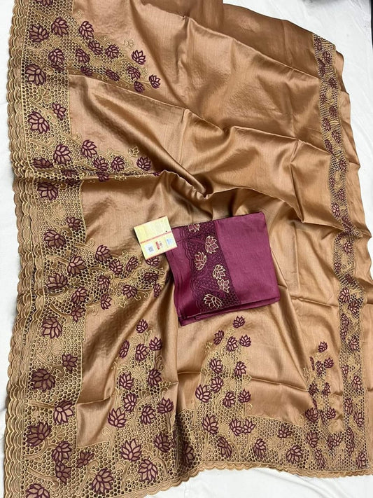 Silkmark Certified Pure Tussar Hand Cutwork Brown Color Saree (Tussar by Tussar Fabric) - IndieHaat