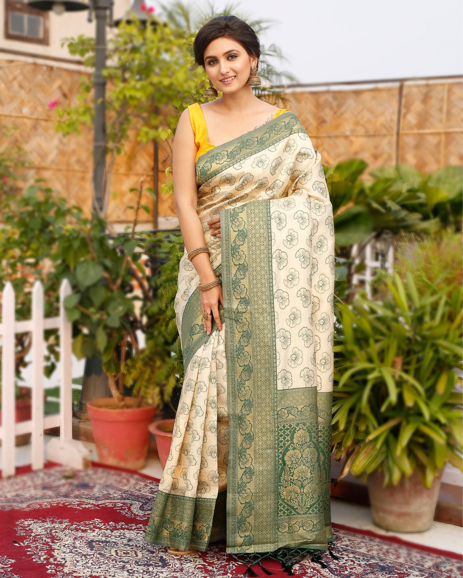 Kashmiri Modal Silk Saree Beige Color with contrast pallu and blouse - IndieHaat