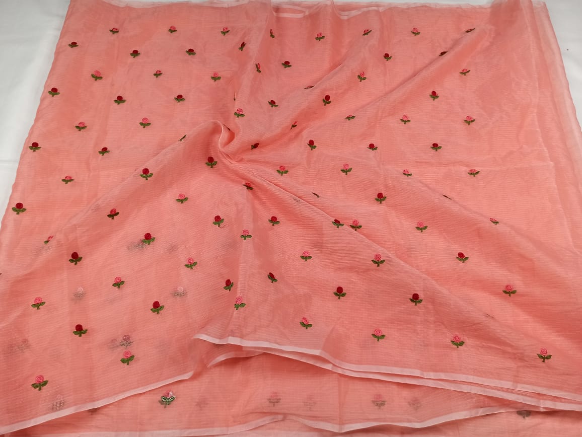 Kota Doria Pink Saree Allover Embroidery with blouse Handcrafted-Indiehaat