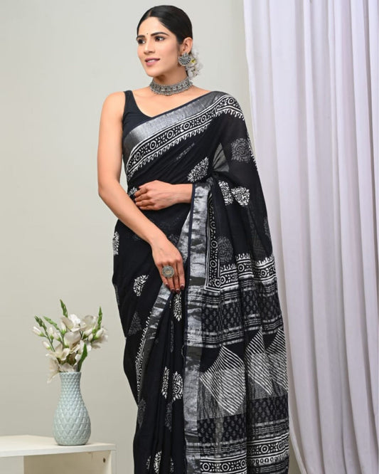 Linen Saree Black Color Handblock Kalamkari Printed with running blouse - IndieHaat