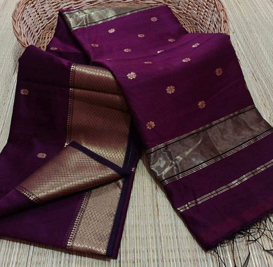 Maheshwari Cotton Silk Saree Butta Body Magenta Red Color and contrast blouse with butta design - IndieHaat