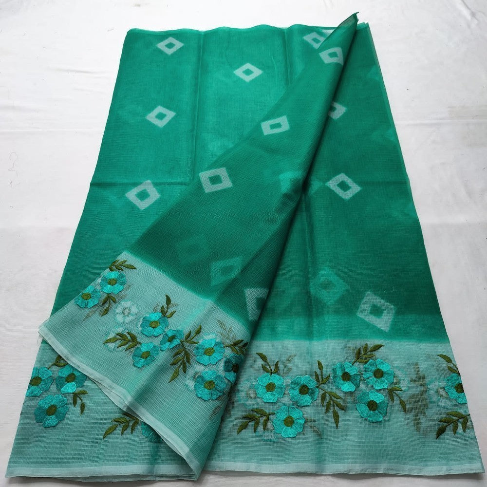 Kota Doria Saree Bandhej and Embroidery Work Green With Blouse Handcrafted-Indiehaat