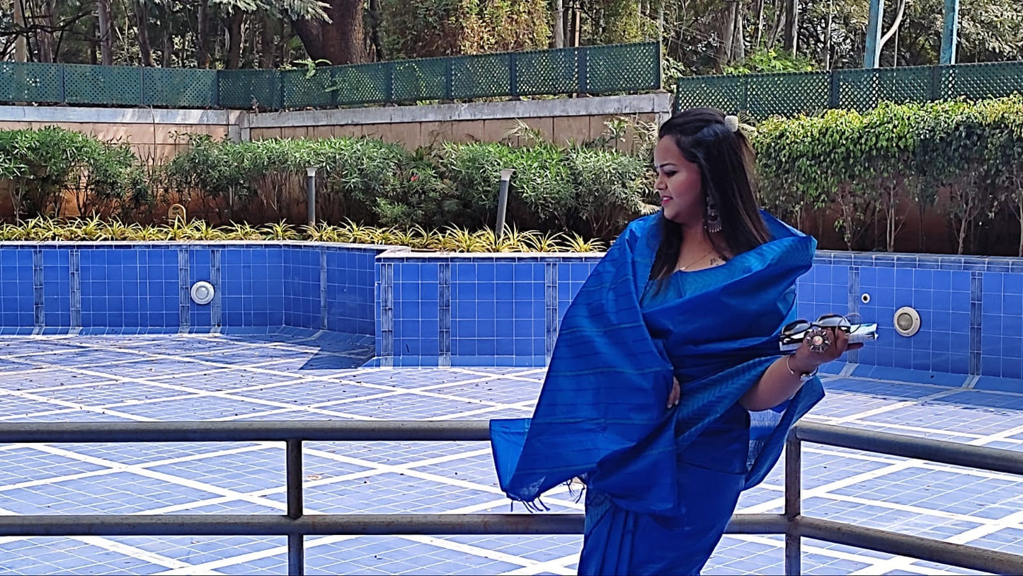 Silkmark certified Chanderi Silk Blue Saree with Running Blouse-Indiehaat