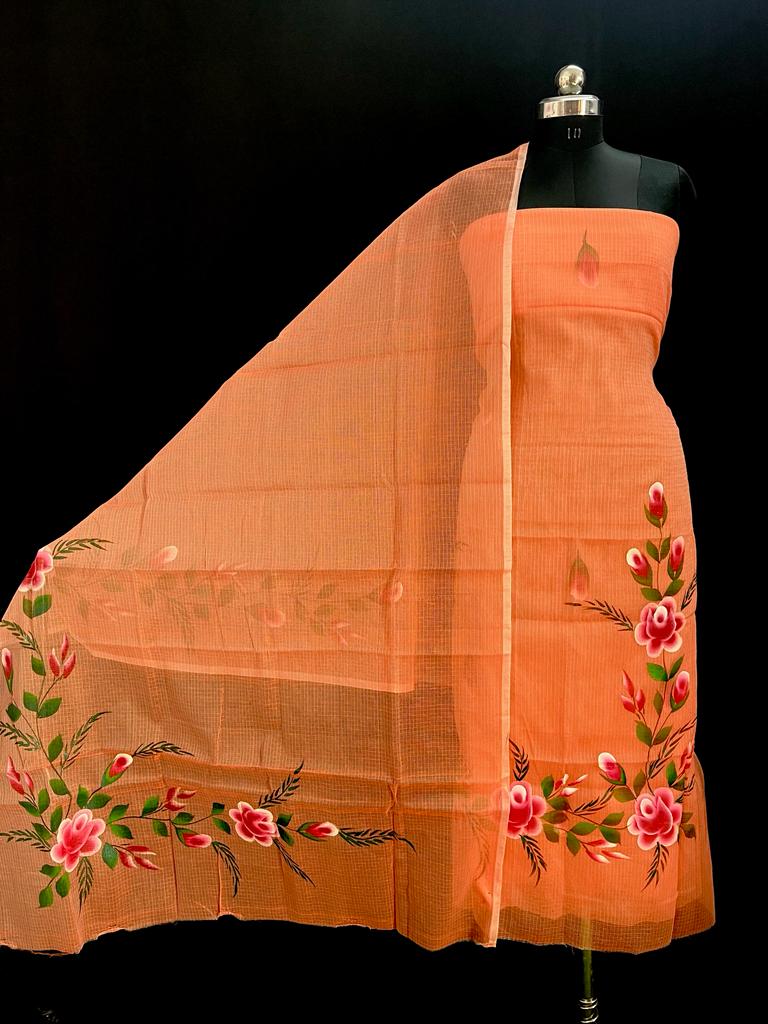 Kota Doria Hand Painted Suits Mandarin Orange Colour (TOP+DUPATTA+BOTTOM)