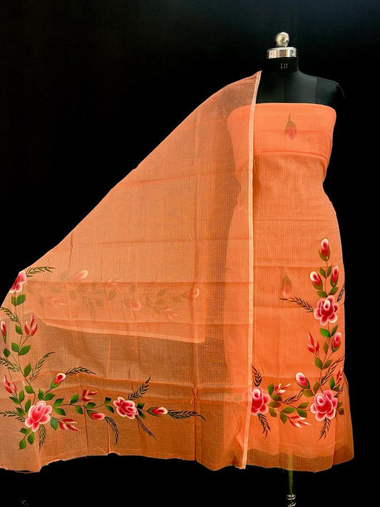Kota Doria Hand Painted Suit Material Mandarin Orange Colour (TOP+DUPATTA+BOTTOM)-Indiehaat