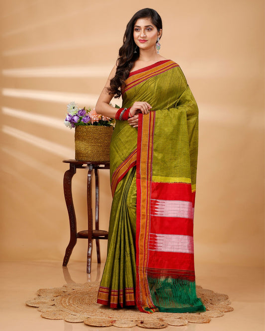 ILKAL Handloom Cotton Silk Saree Olive Green Color with running blouse - IndieHaat