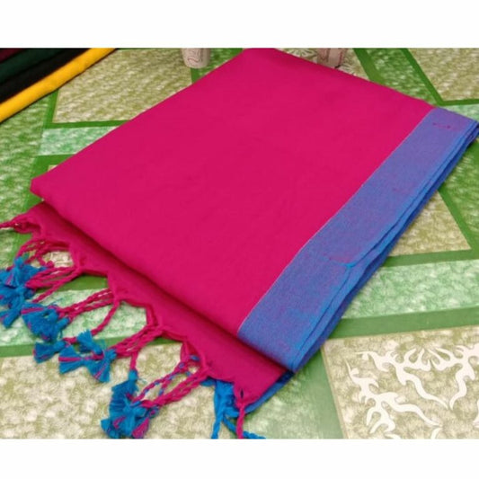 Pure Handloom Mul Cotton Pink Saree 120 Count (Without Blouse)-Indiehaat