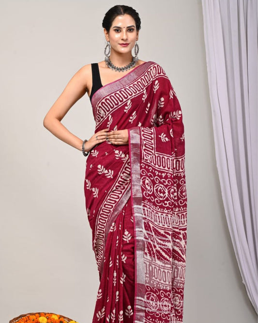 Linen Saree Dark Red Color Handblock Kalamkari Printed with running blouse - IndieHaat