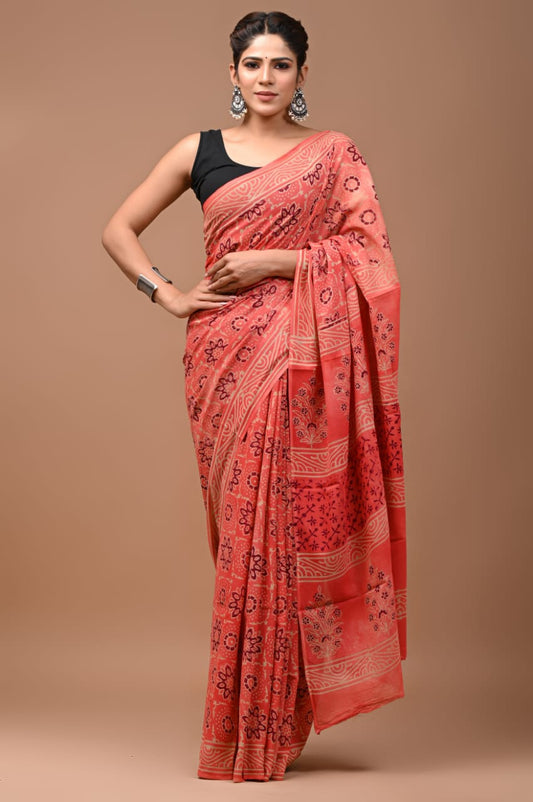 Mulmul Cotton Saree Salmon Red Color Handblock Printed with running blouse - IndieHaat