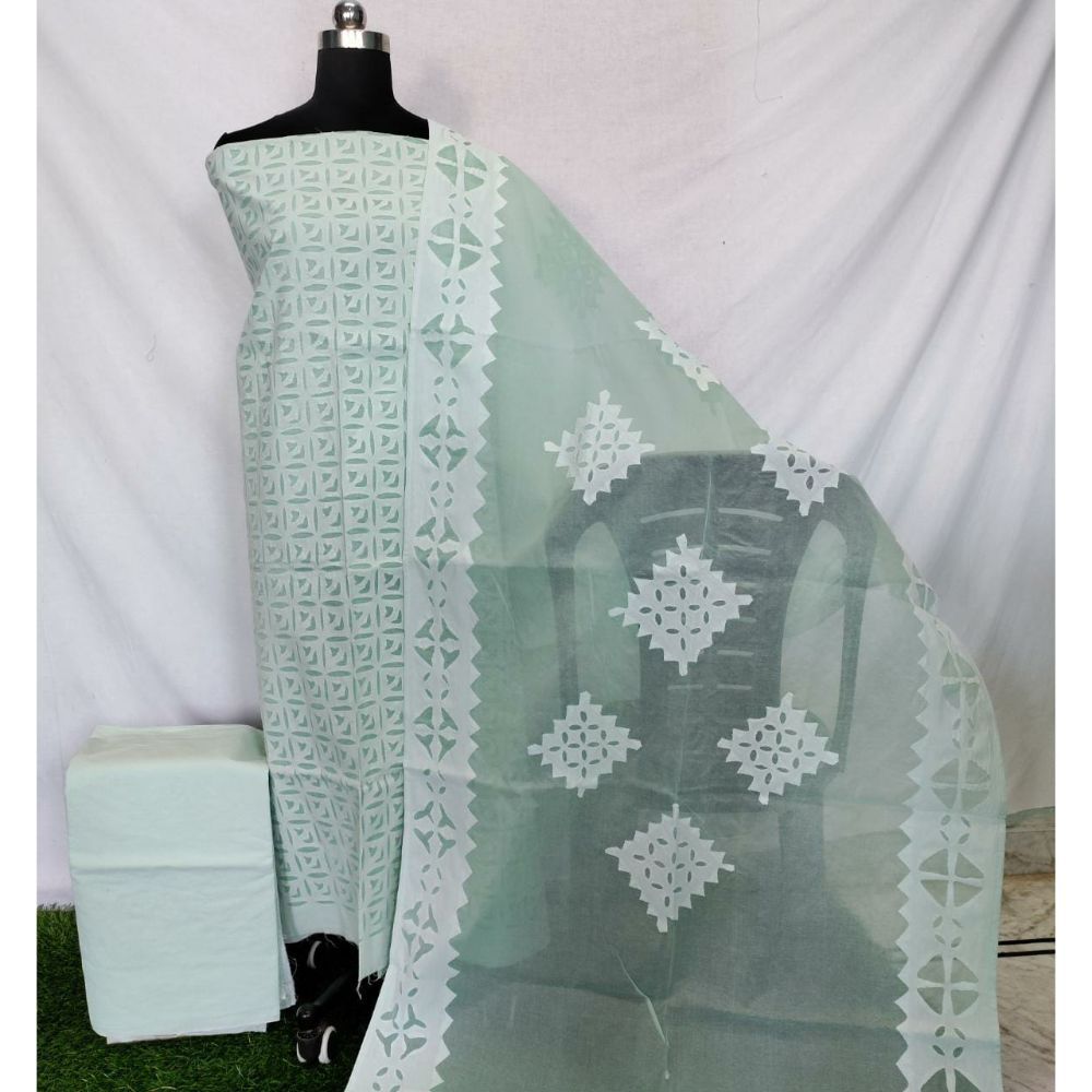 Cotton Applique work Suit with Organdy Dupatta-Indiehaat