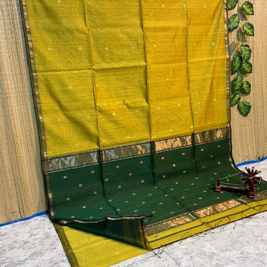 Maheshwari Silk Saree Butta Body Gold Yellow Color with golden zari weaving border and running blouse (Butta Design) - IndieHaat