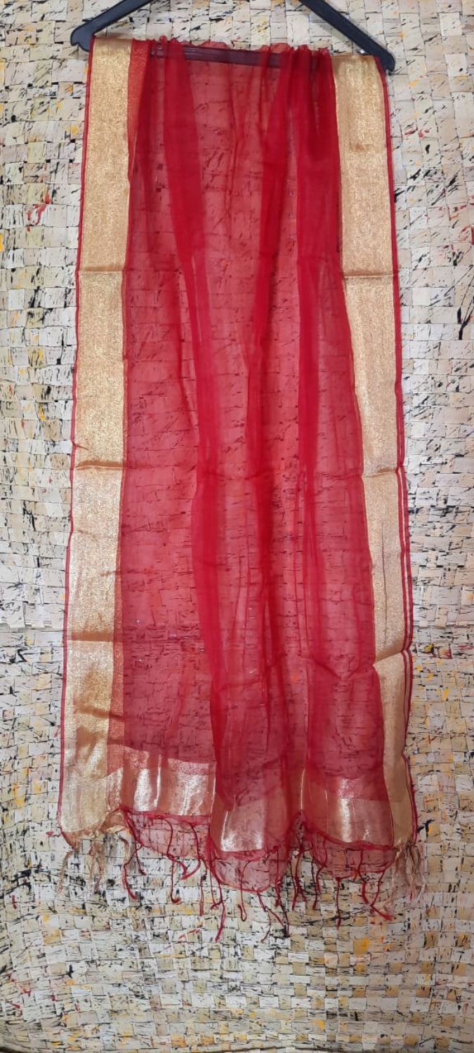 Hand Dyed Pure Organza Red Dupatta-Indiehaat