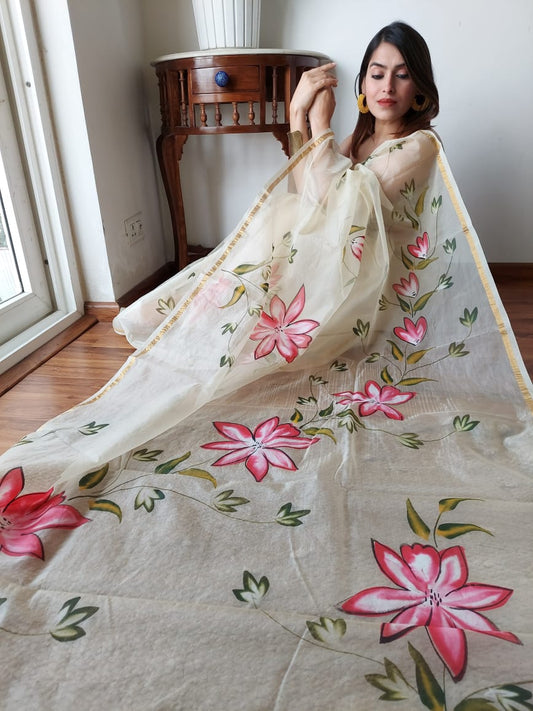 Organza Silk Saree Light Beige Color Hand Painted with running blouse - IndieHaat