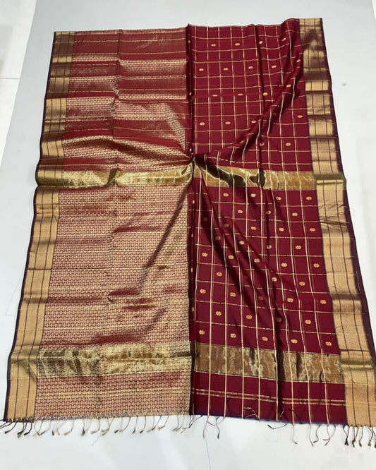 Maheshwari Handloom Pure Tissue Silk Saree Dark Maroon Color with running blouse - IndieHaat
