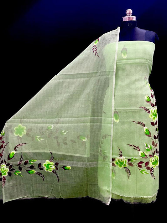 Shop the Latest Collection of Hand Painted Kota Doria Suits in Pastel Green-Indiehaat