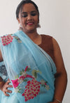 Kota Doria Cotton Saree Embroidered Blue 15% Off - IndieHaat