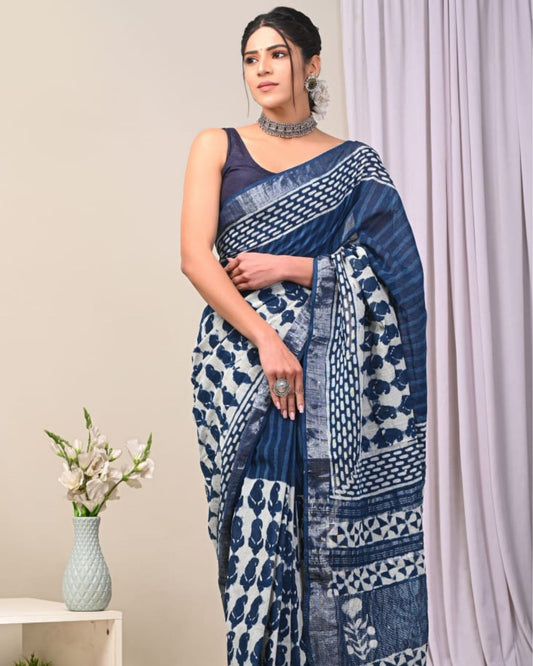 Linen Saree Dark Navy Blue Color Handblock Kalamkari Printed with running blouse - IndieHaat