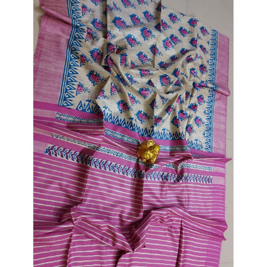 Silkmark Certified Tussar Silk Handloom Handblock Printed Pink Saree with Blouse-Indiehaat