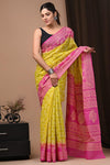 Mulmul Cotton Blockprinted Ethereal Yellow Saree