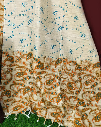 Khadi Silk Printed Suit Beige (Top+Bottom) with Bandhini Dupatta