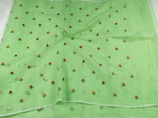 Kota Doria Green Saree Allover Embroidery with blouse Handcrafted-Indiehaat