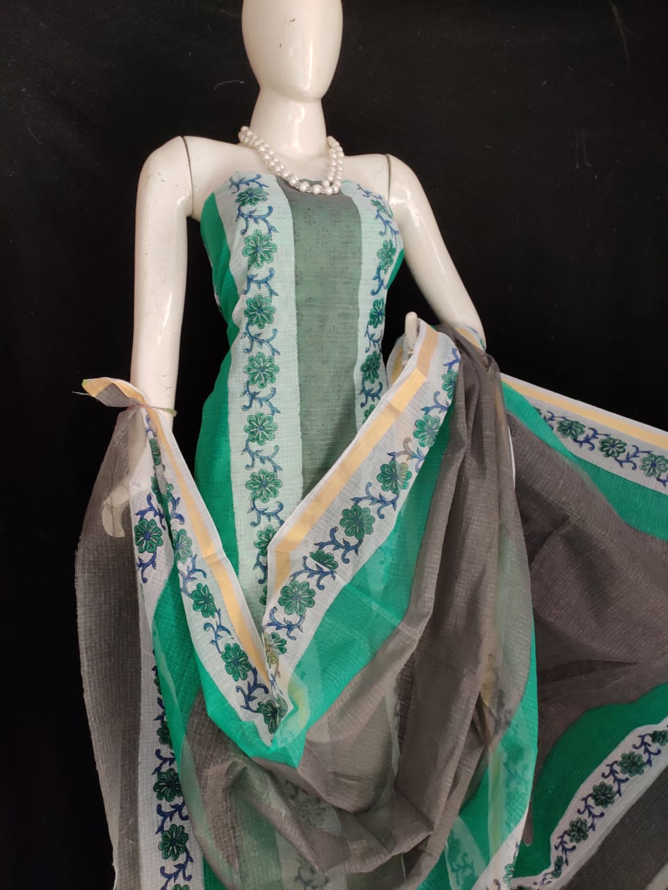 Kota Doria Green Suit Material Handblock Printed with Zari Border Dupatta-Indiehaat