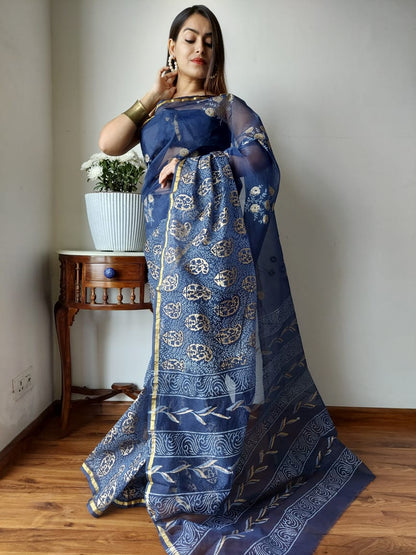 Hand Painted Organza Saree Dark Blue Colour with touch of gold print in vibrant Indian colours and matching running Blouse