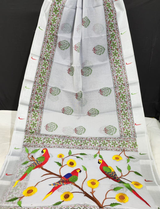 Kota Doria Paithani Embroidery Designer Saree Heather Blue Colour with running blouse-Indiehaat