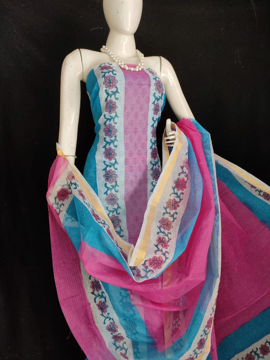 Kota Doria Pink and Blue Suit Material Handblock Printed with Zari Border Dupatta-Indiehaat