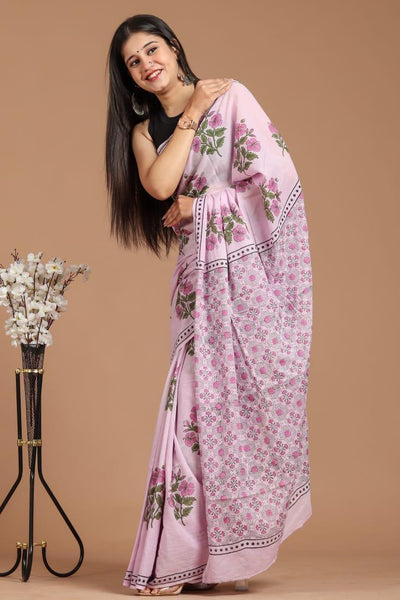 Indiehaat Mulmul Cotton Light Pink Saree HandBlock Printed Dabu Bagru Ajrakh