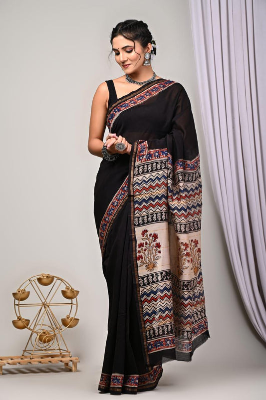Pure Chanderi Silk  Black Saree Handblock Printed with running blouse