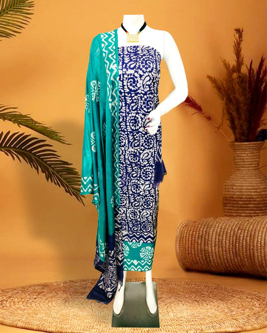 Katan Silk Suits Royal Blue Color Batik Print - IndieHaat