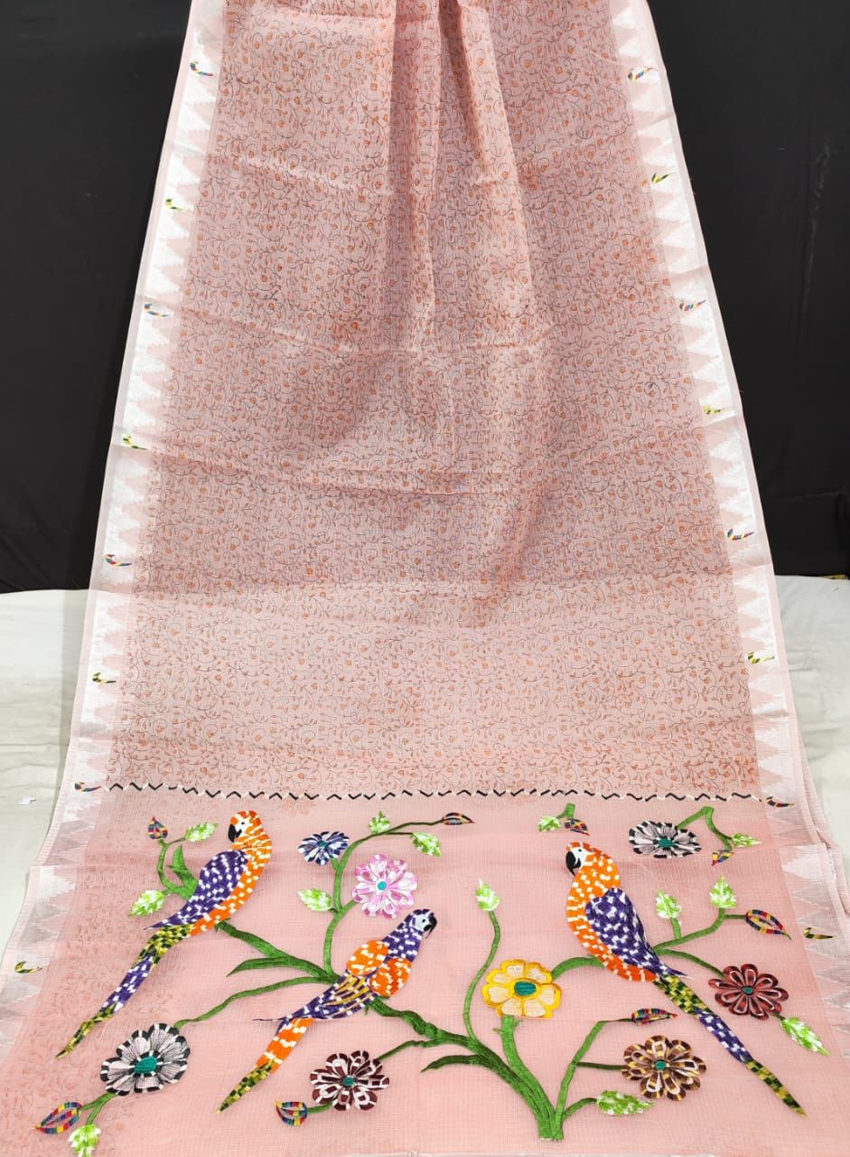 Kota Doria Paithani Embroidery Designer Saree Baby Pink Colour with running blouse