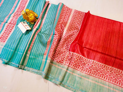 Silkmark Certified Tussar Silk Handloom Handblock Printed Red and Blue Saree with Blouse-Indiehaat