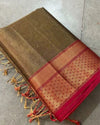 Pure Maheshwari Handwoven Tissue Silk Saree Dark Brown Color with running blouse - IndieHaat