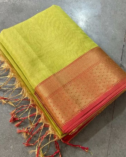 Pure Maheshwari Handwoven Tissue Silk Saree Olive Yellow Color with running blouse - IndieHaat