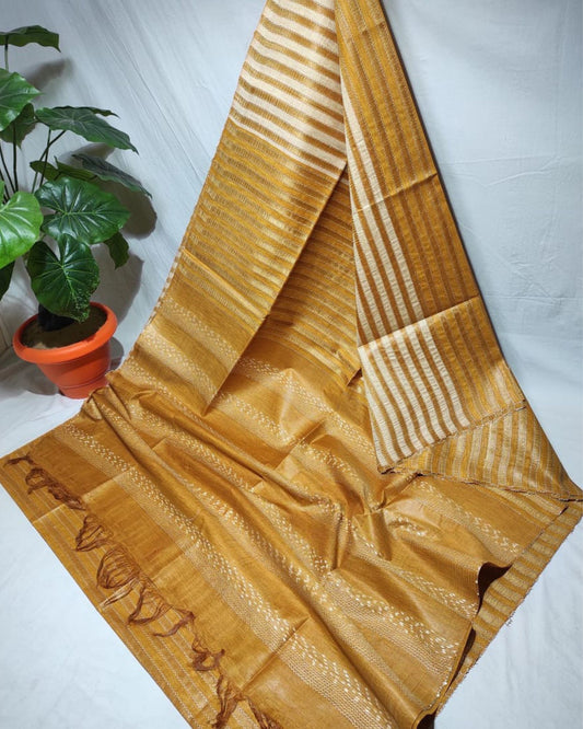 Bansbara Silk Saree Golden Brown Color Striped Design with Tassel and running blouse - IndieHaat