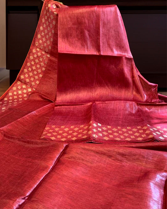 Pure Silk Linen Handloom Saree Crimson Red Color with Weaving Pattern Design and running blouse - IndieHaat
