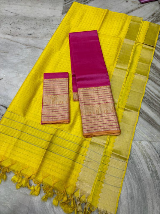 Mangalagiri Lehanga Sets Yellow & Dark Pink Color 300 K Kanchi Border (Lehanga+Blouse+Dupatta) - IndieHaat